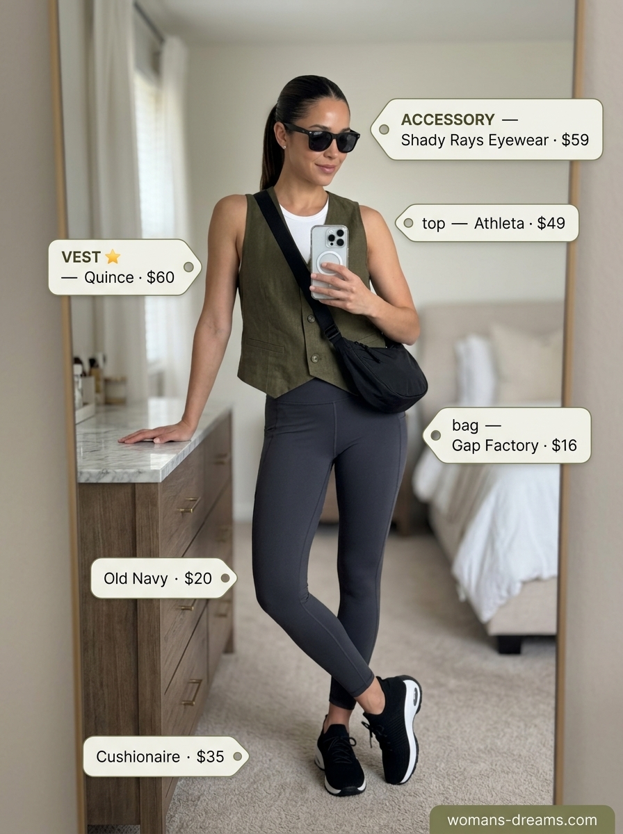 Summer linen vest outfits for women 2026: Charcoal grey linen vest over white tank & black leggings for travel.