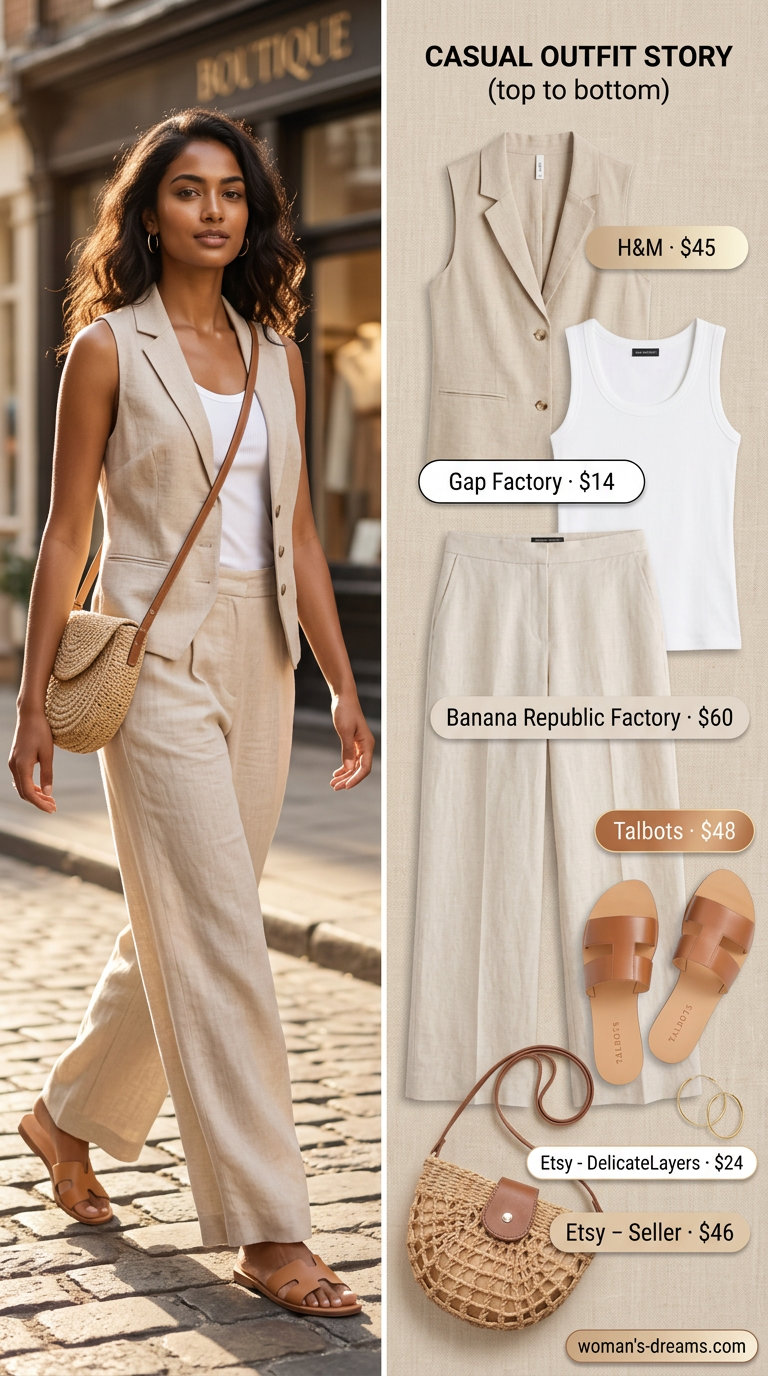 Summer linen vest outfits for women 2026: Beige linen vest with linen pants & tank for coastal style.