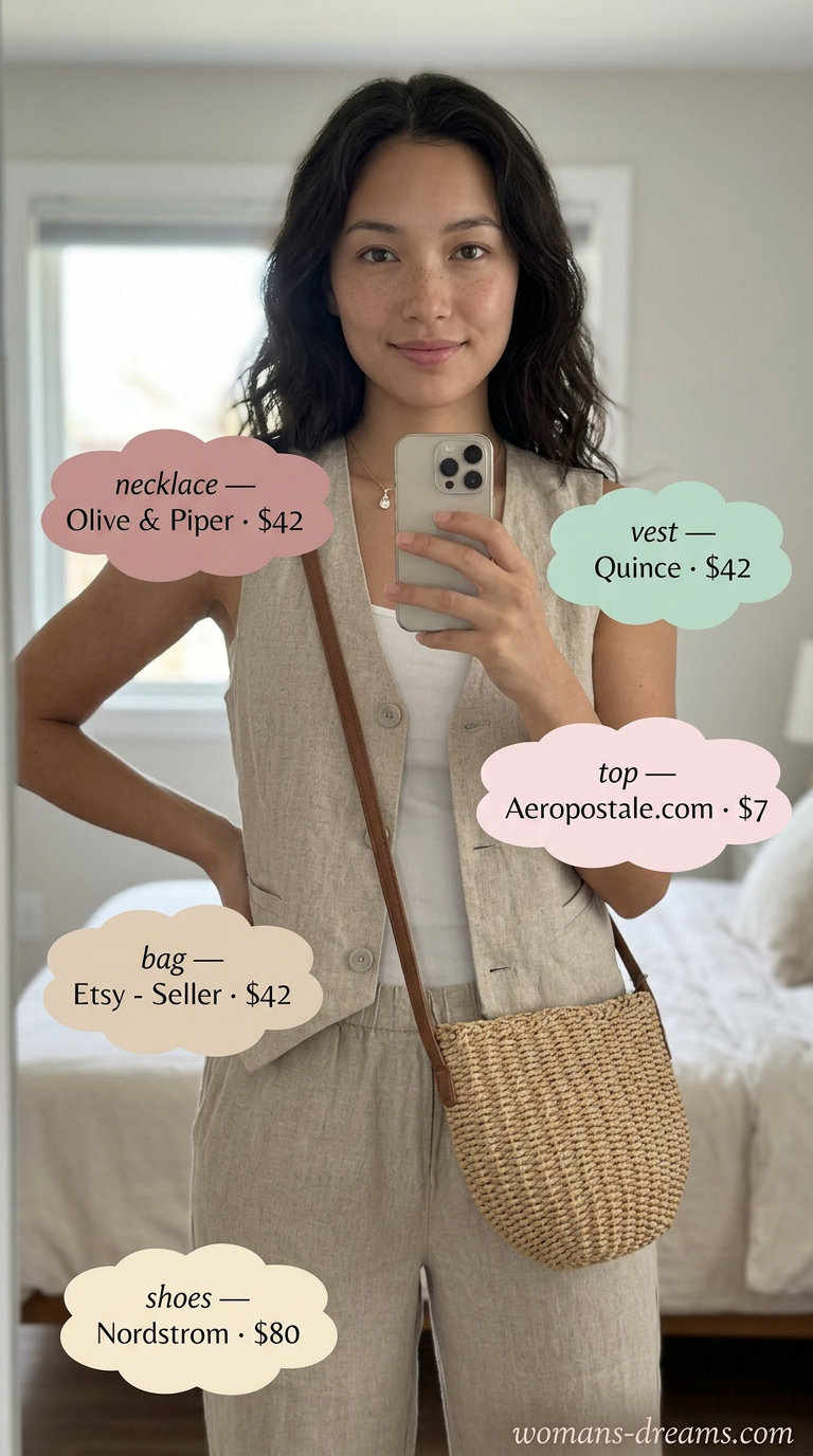 Summer linen vest outfits for women 2026: Linen vest with floral skirt & espadrilles for garden party.