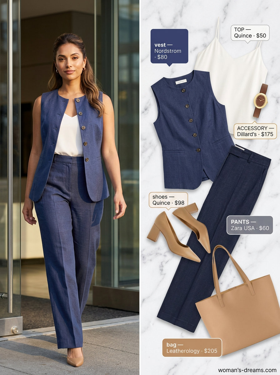 Summer linen vest outfits for women 2026: Navy linen vest with trousers & silk cami for office wear.