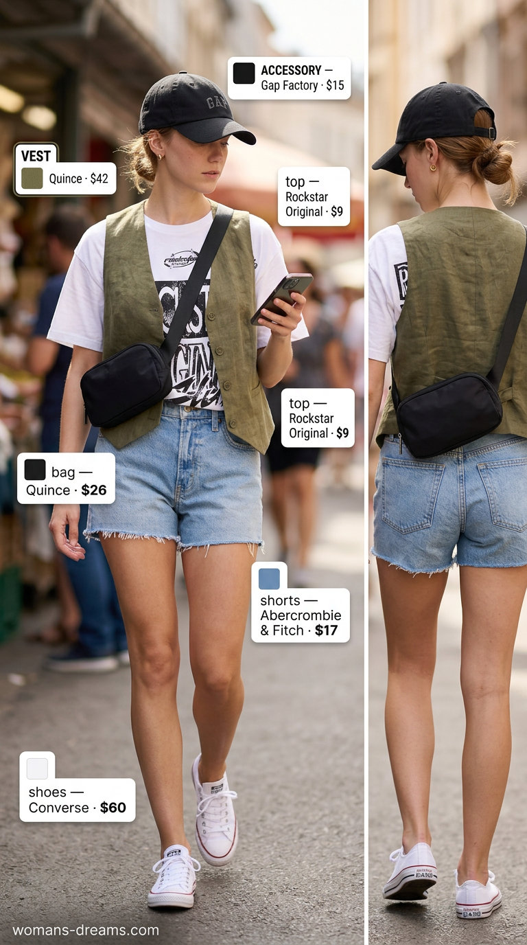 Summer linen vest outfits for women 2026: Olive linen vest over graphic tee & denim shorts for weekend casual.
