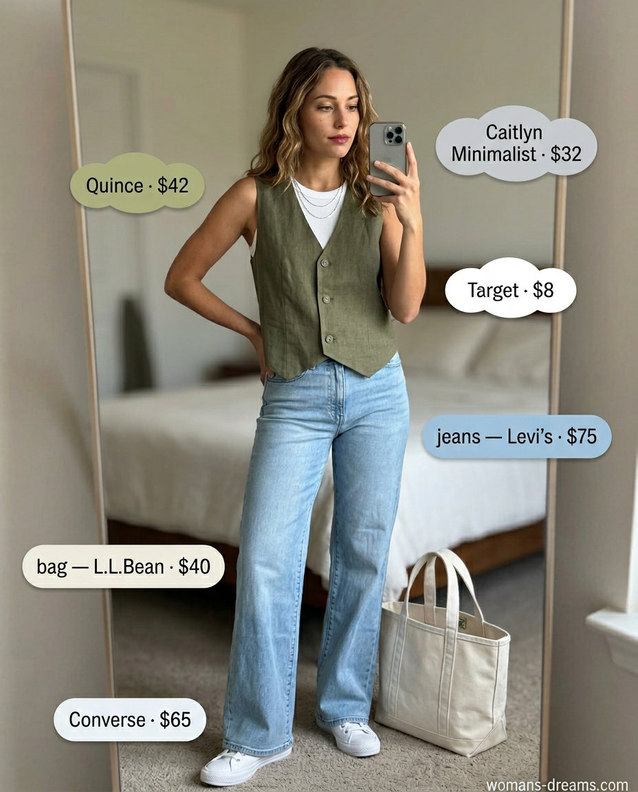 Summer linen vest outfits for women 2026: Olive linen vest with wide leg jeans & white tank for casual day out.