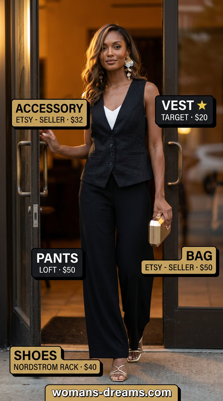 Elegant black linen vest outfit for women 2026. Evening chic with palazzo pants & gold heels.