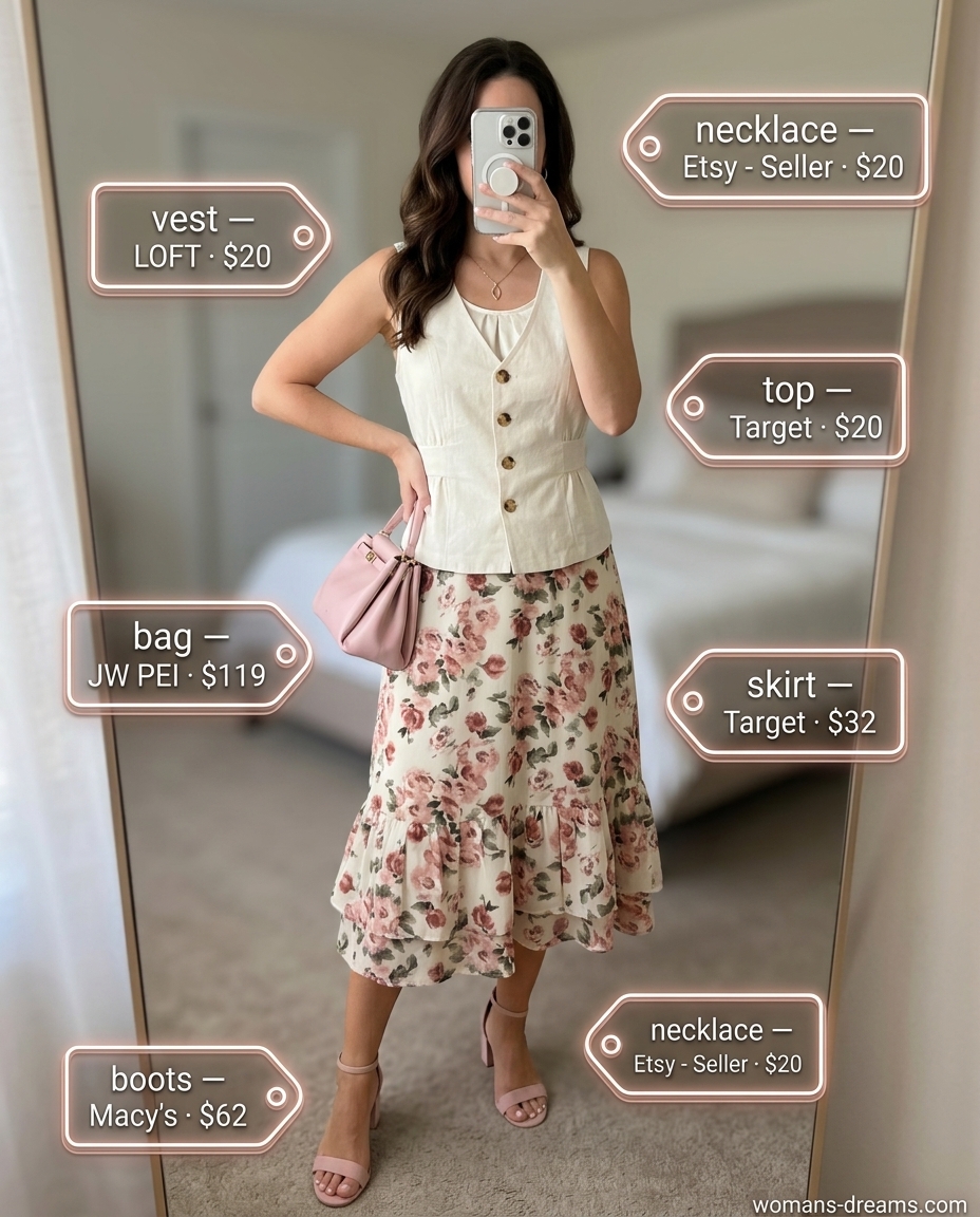 Summer linen vest outfits for women 2026: Blush pink floral skirt with cream vest and strappy sandals.