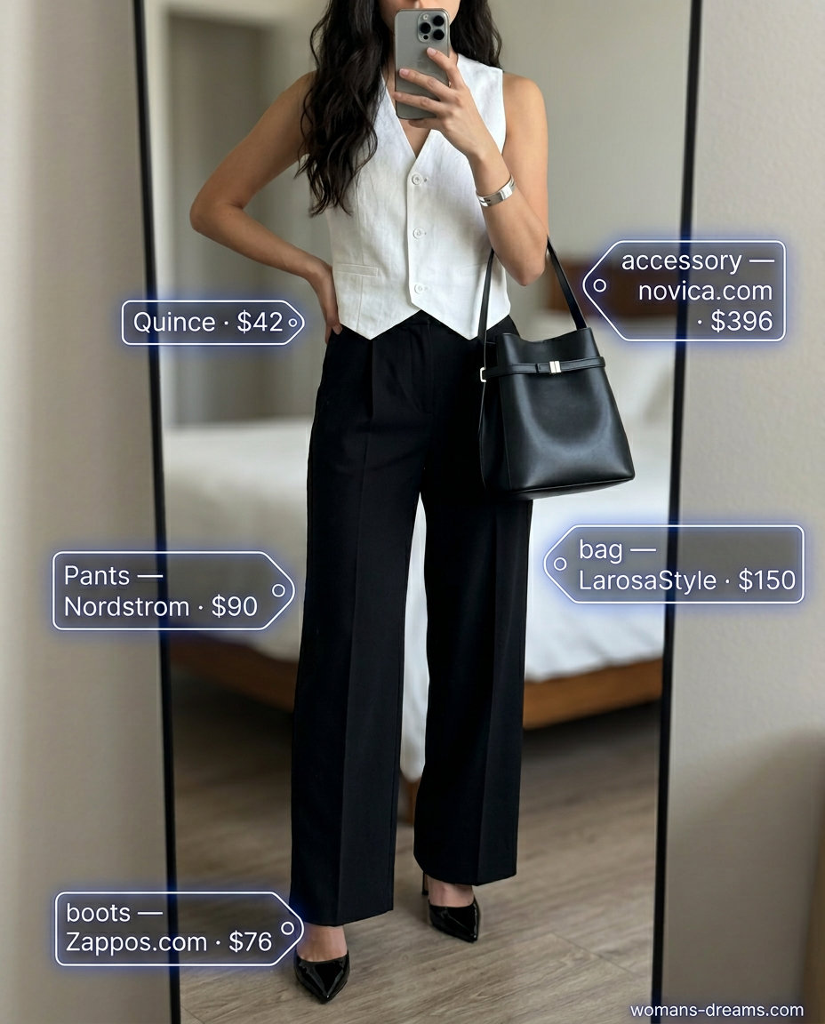 Sharp white linen vest outfit for women 2026. Modern city casual look with black trousers & heels.