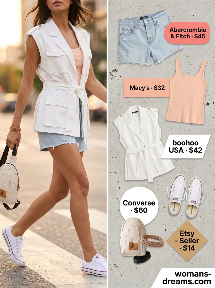Summer linen vest outfits for women 2026: Cream linen vest with coral tank and light blue denim shorts.