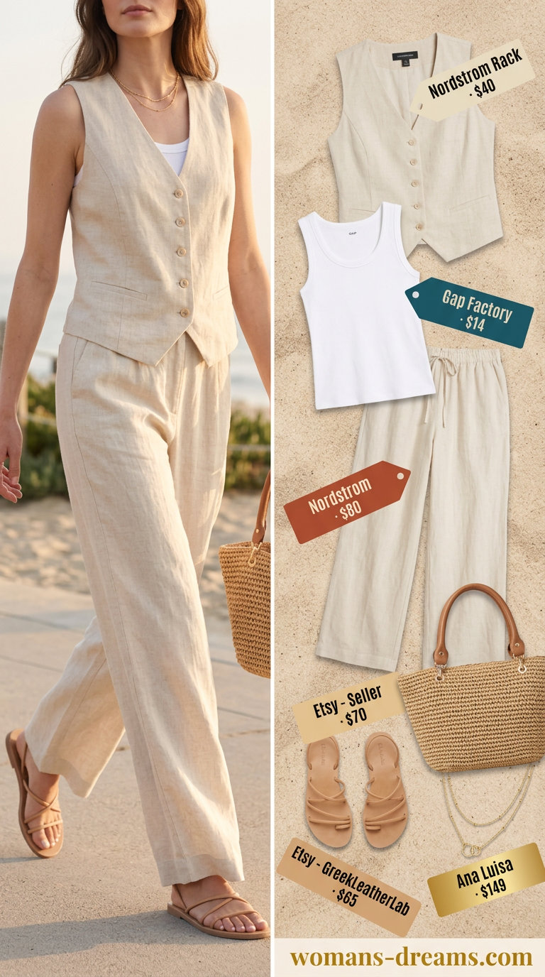 Relaxed ecru linen vest outfit for women 2026. Coastal chic with wide-leg pants & sandals.