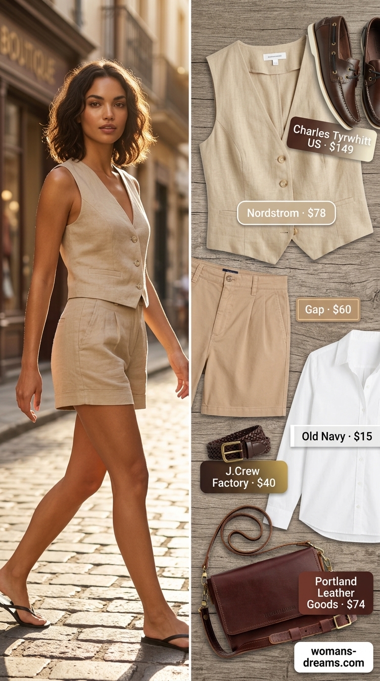 Summer linen vest outfits for women 2026: Khaki linen vest with white shirt and chino shorts for polished casual.