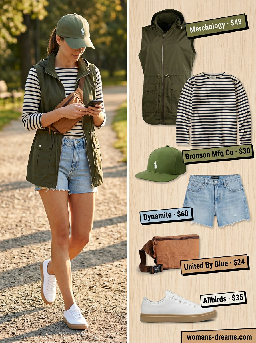 Summer linen vest outfits for women 2026: Navy stripe tee, olive vest, and denim shorts for casual weekend.