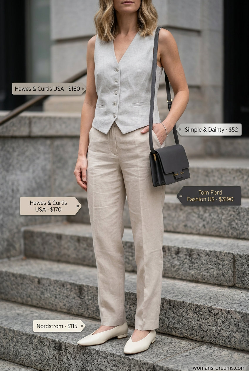 Minimalist stone grey linen vest outfit for women 2026. Chic daywear with straight-leg trousers.