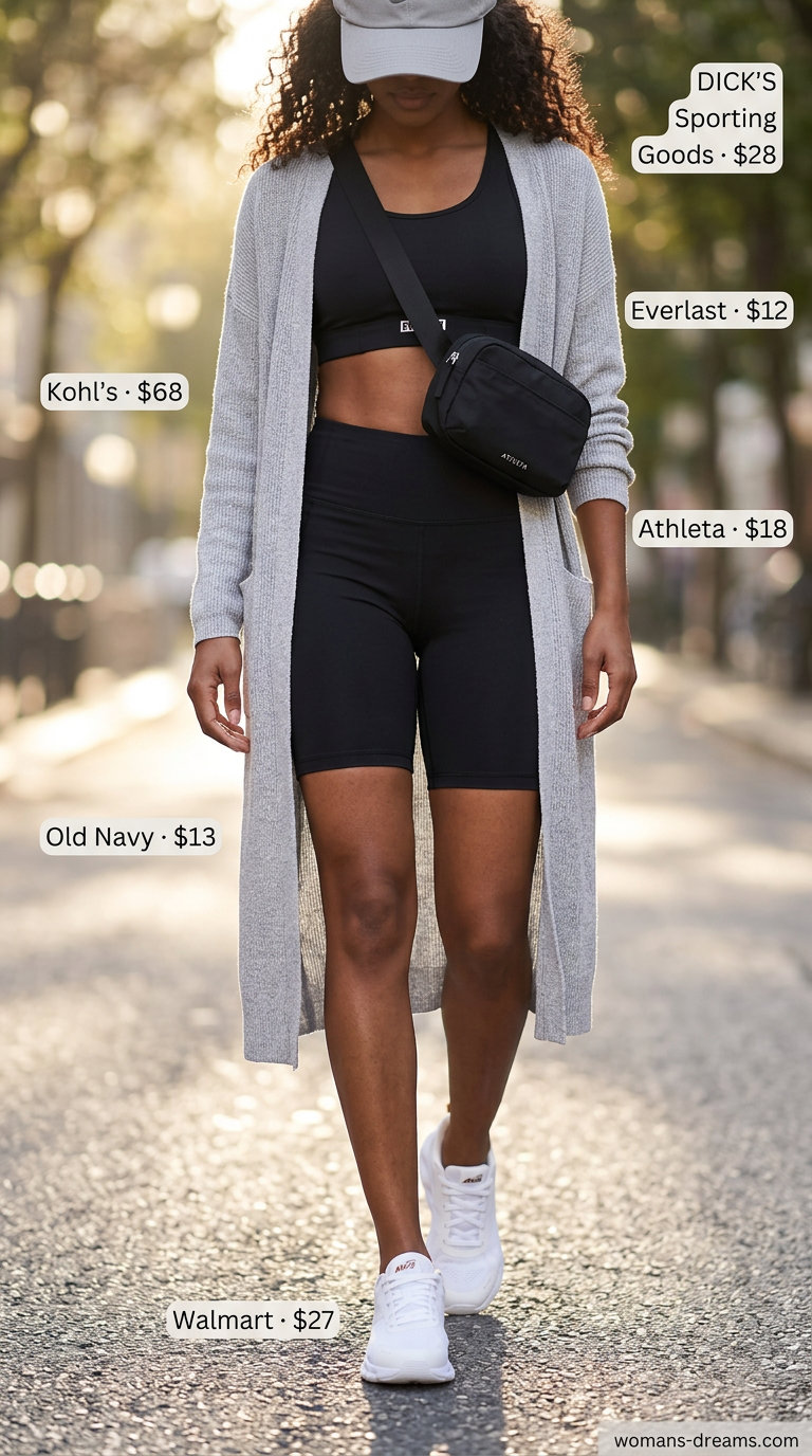 Casual athleisure outfit with a grey longline duster, black biker shorts, white sneakers, and a black crossbody bag for women 2026.