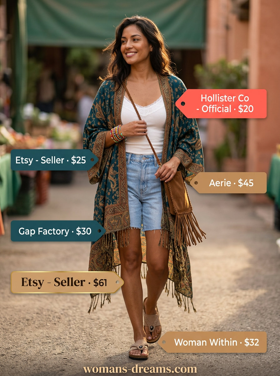 Bohemian festival outfit with a paisley duster, white camisole, denim shorts, and fringe bag for women 2026.