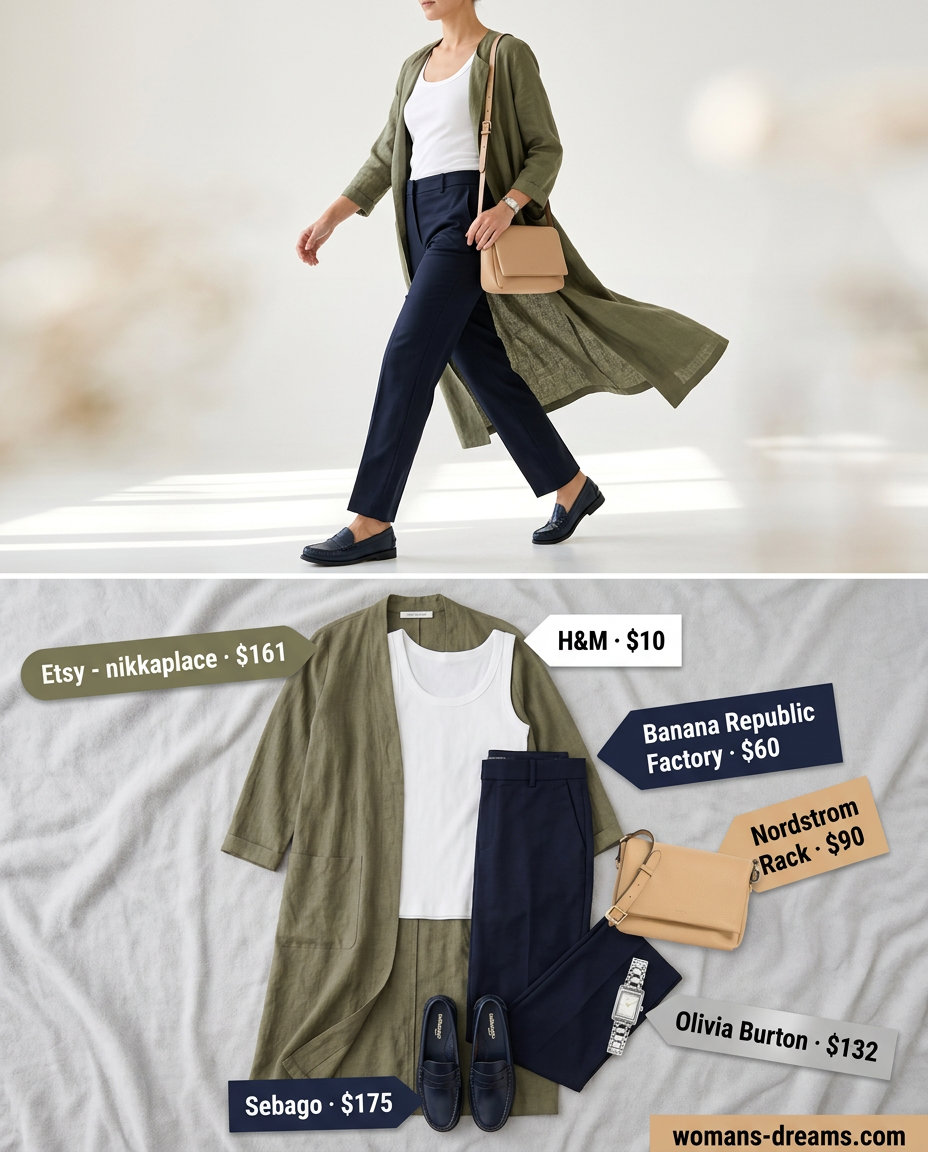 Polished casual work outfit with a beige linen longline duster, navy trousers, white tank, and leather loafers for women 2026.