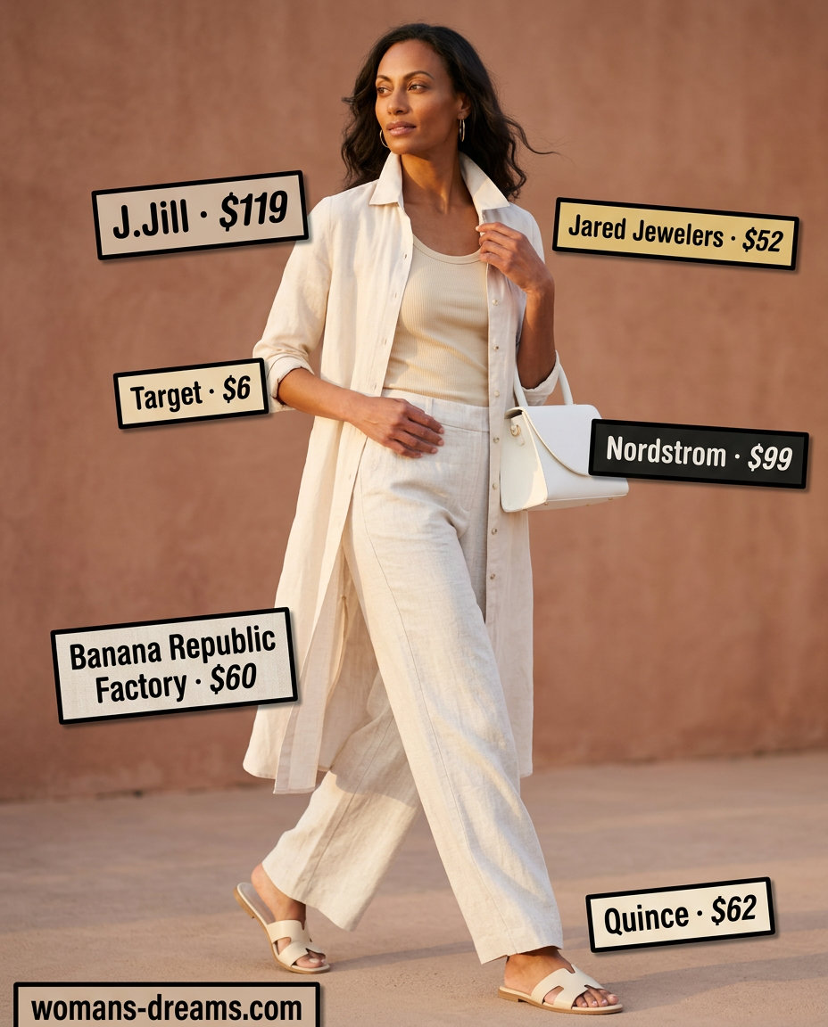 Elegant monochrome outfit with an ivory linen duster, white tank, matching pants, and slide sandals for women 2026.