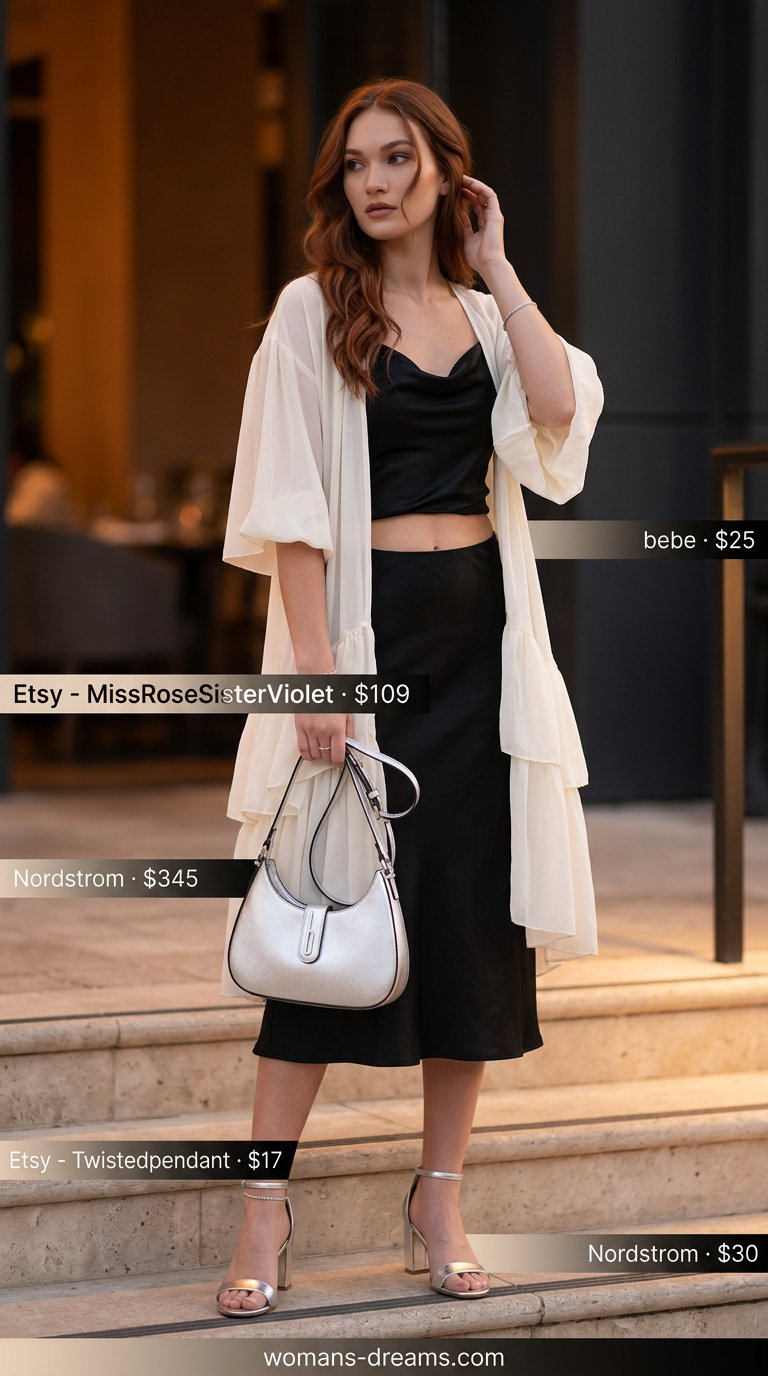 Sophisticated evening outfit with an ivory sheer duster, black slip dress, and silver sandals for women 2026.