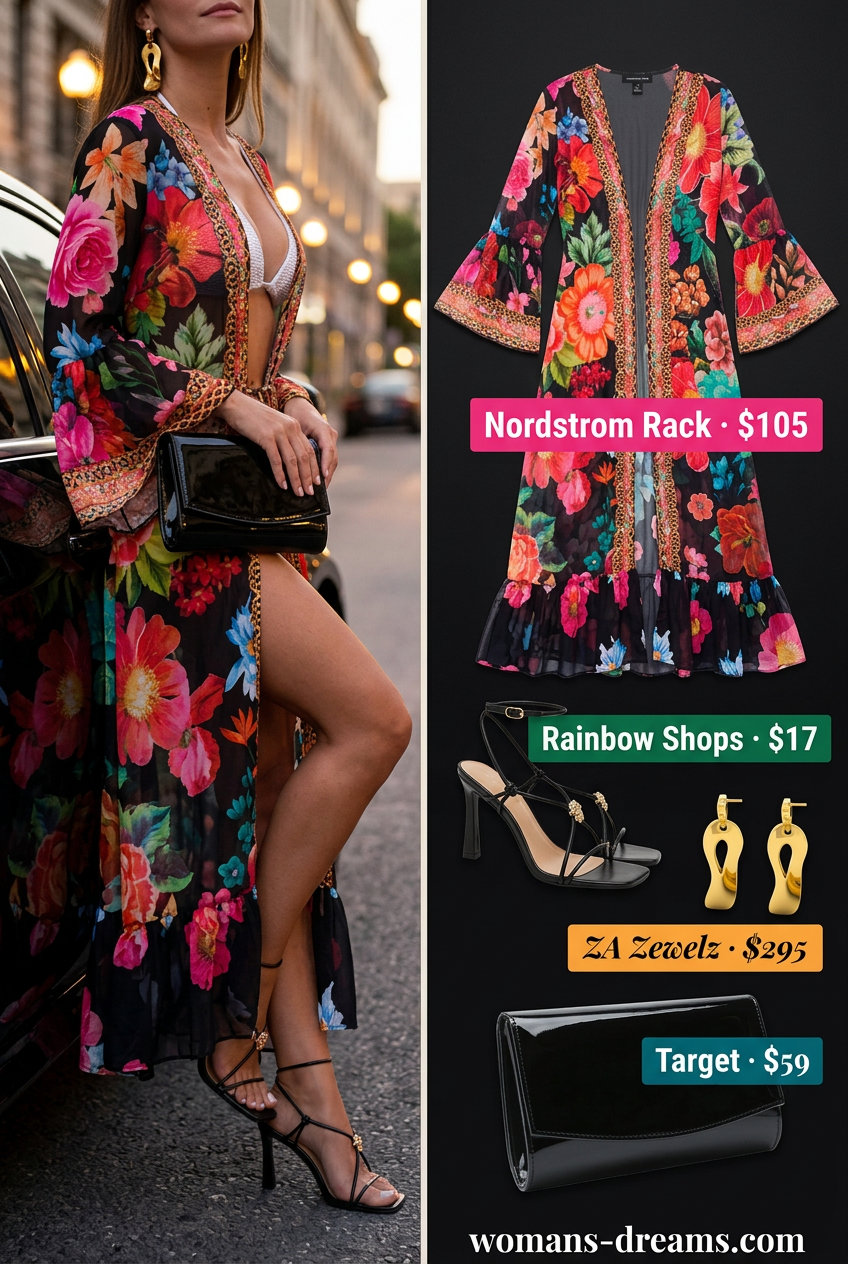 Bold evening outfit with a hot pink floral duster worn as a dress, black heels, and gold earrings for women 2026.