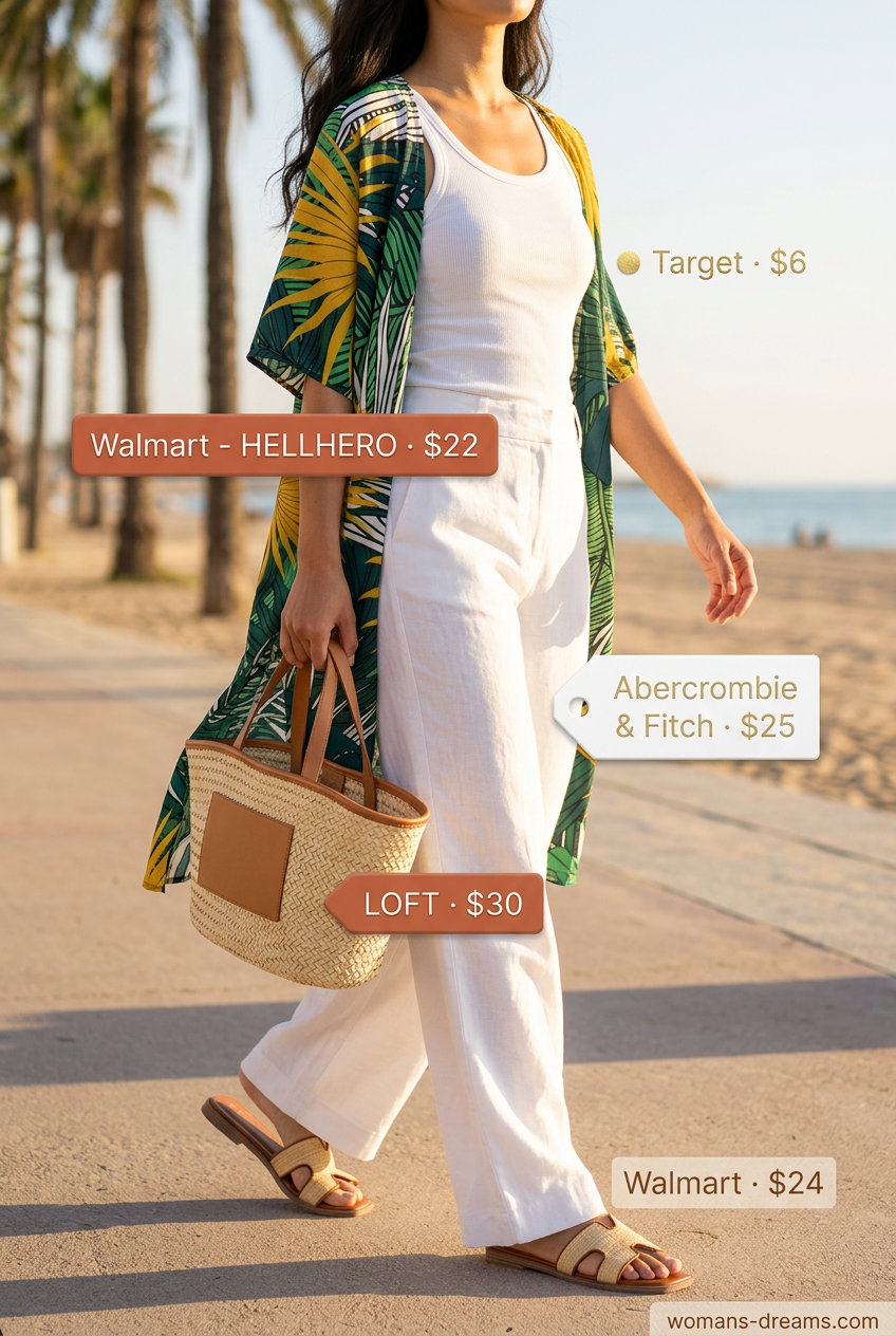 Vibrant tropical vacation outfit with a green and yellow duster, white tank, linen pants, and straw accessories for women 2026.
