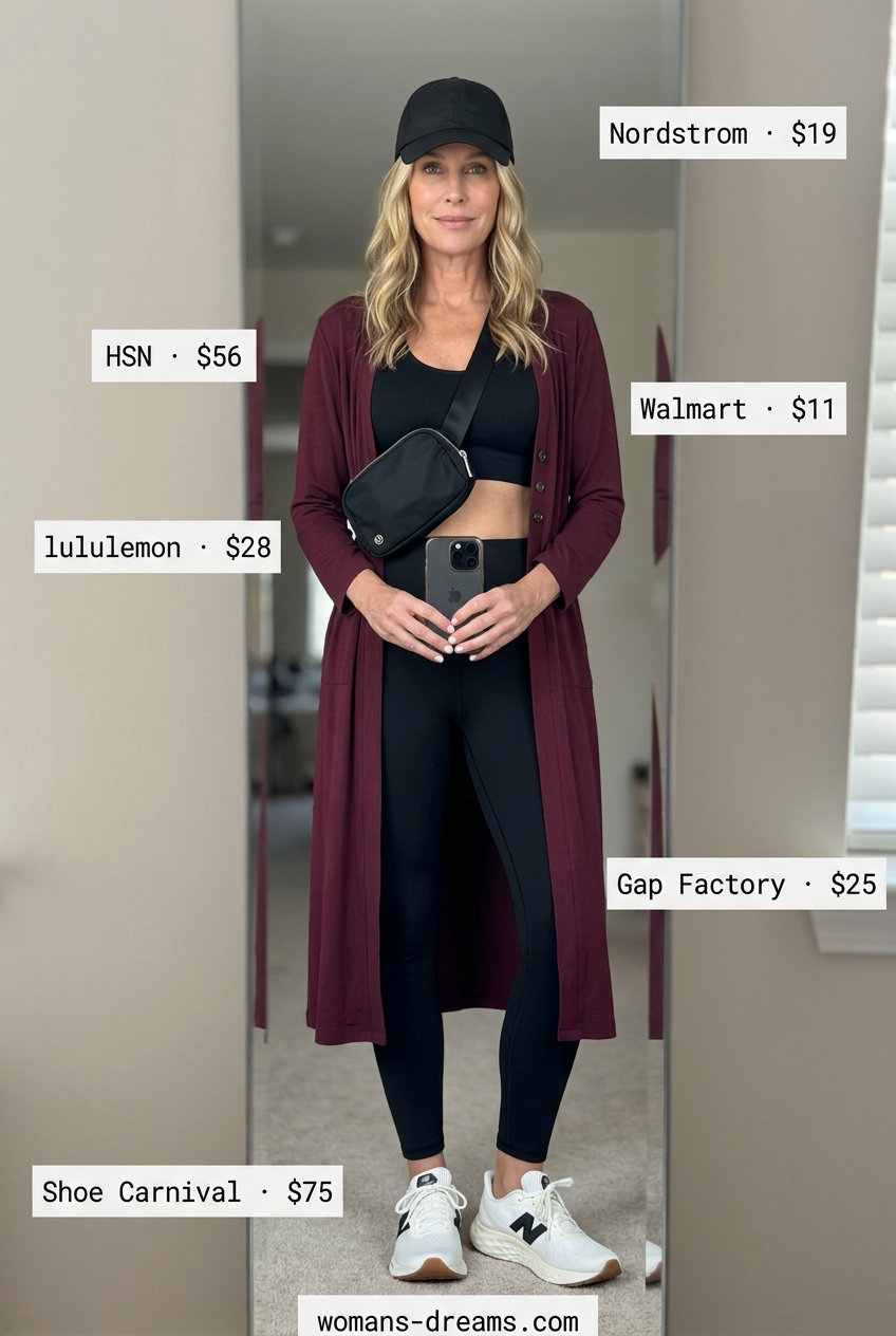 Athleisure elevated summer longline duster outfit with black duster, leggings, sports bra, and sneakers for travel.