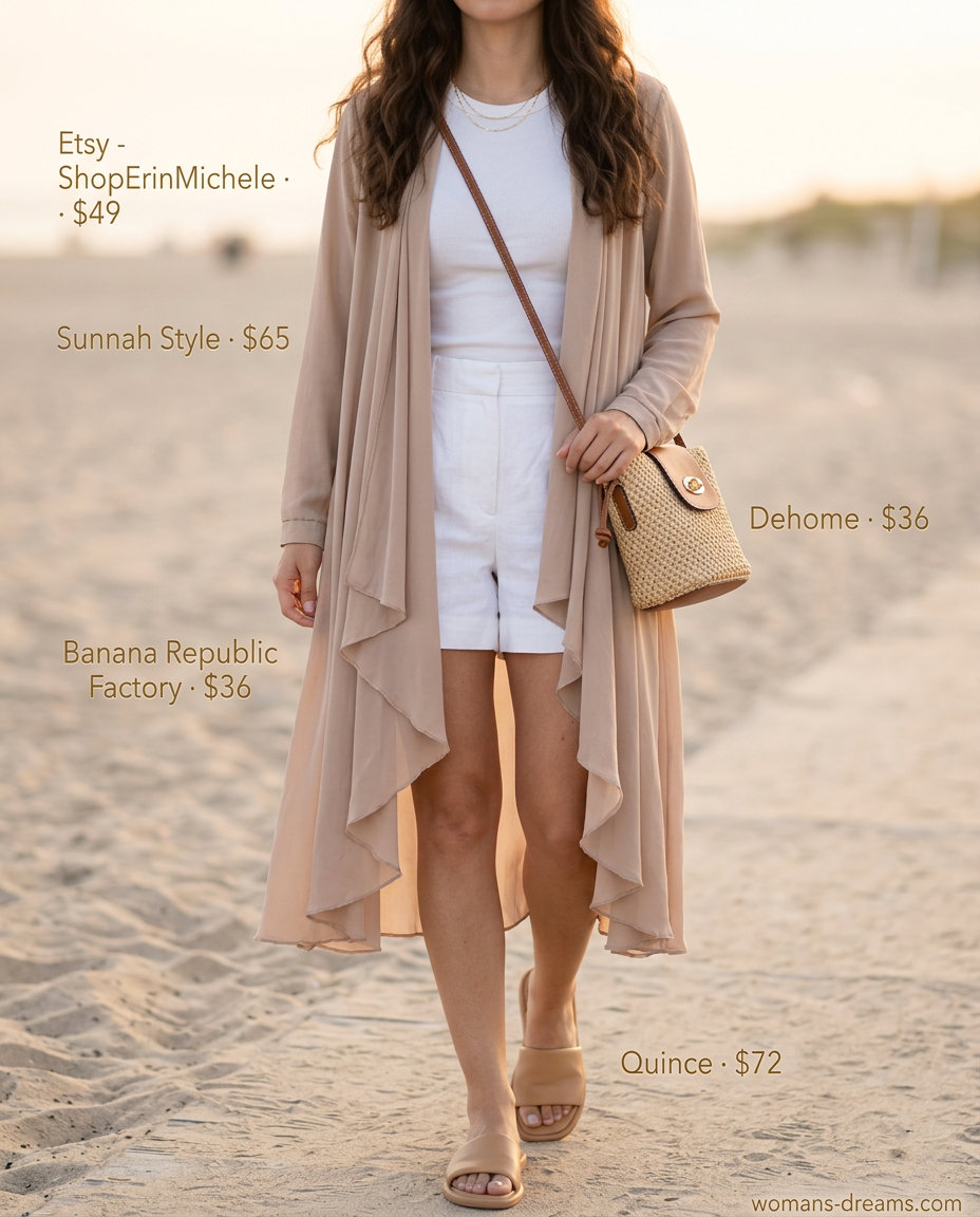 Summer longline duster outfits for women 2026: White linen shorts, tank, and sheer duster for beach evenings.