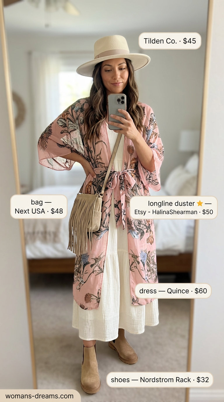 Boho chic summer longline duster outfit with floral print, cream maxi dress, suede boots, and wide-brim hat for festivals.