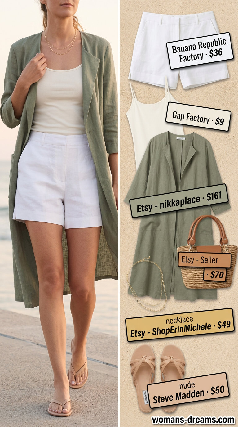Coastal breeze summer longline duster outfit with sage green duster, linen shorts, tank top, straw tote, and sandals.