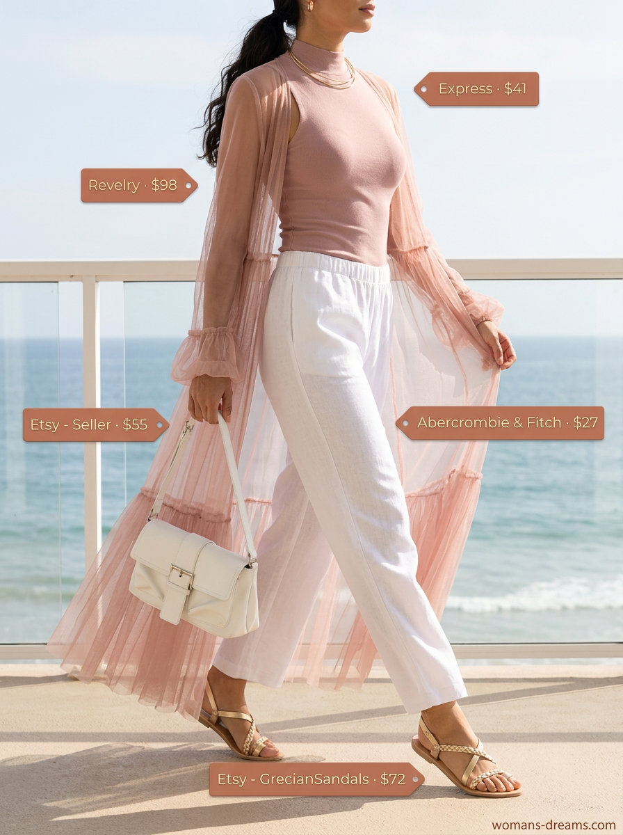 Summer longline duster outfits for women 2026: Coral pink set with duster, linen pants, and knit top for evening drinks.