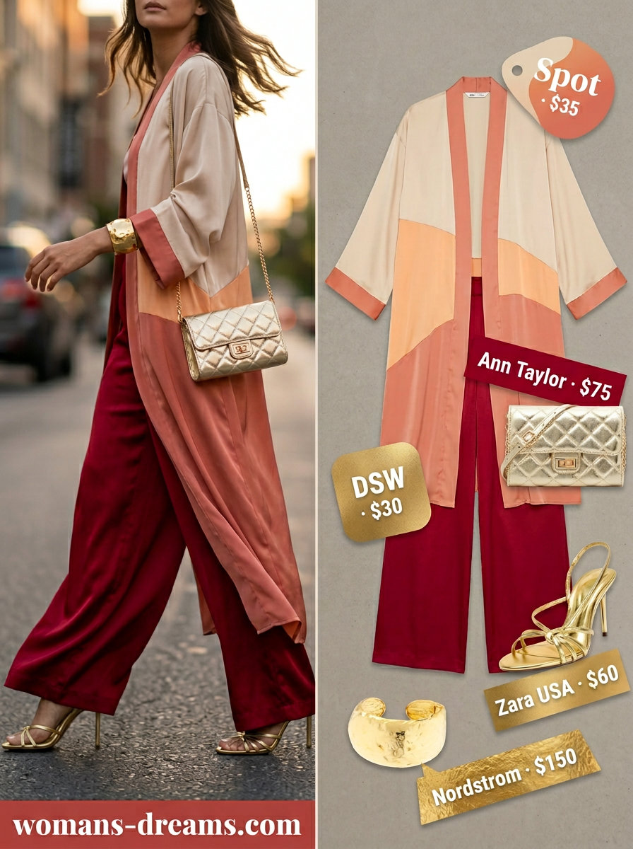 Summer longline duster outfits for women 2026: Vibrant coral satin set with duster and wide-leg pants for events.