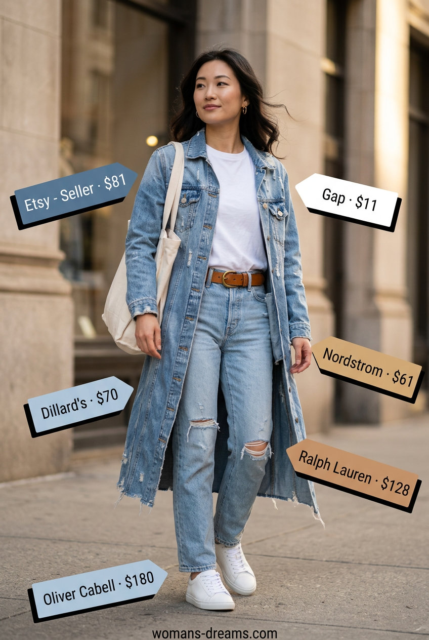 Summer longline duster outfits for women 2026: Casual light wash denim duster over jeans and tee for weekends.
