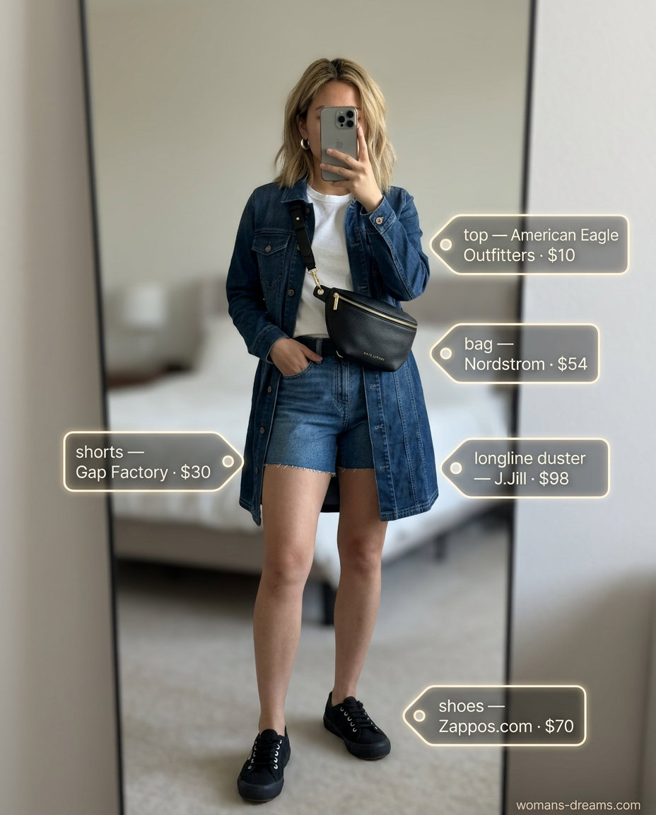 Summer longline duster outfits for women 2026: Casual denim shorts, graphic tee, and chambray duster for getaways.