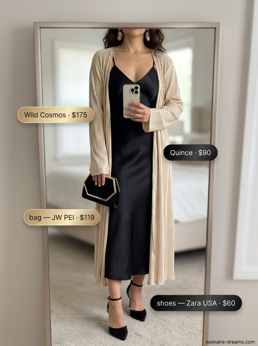 Elegant evening summer longline duster outfit with champagne satin duster, black slip dress, heeled sandals, and clutch.