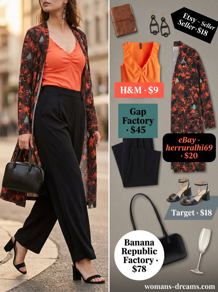 Summer longline duster outfits for women 2026: Bold geometric print duster with black pants for evening events.