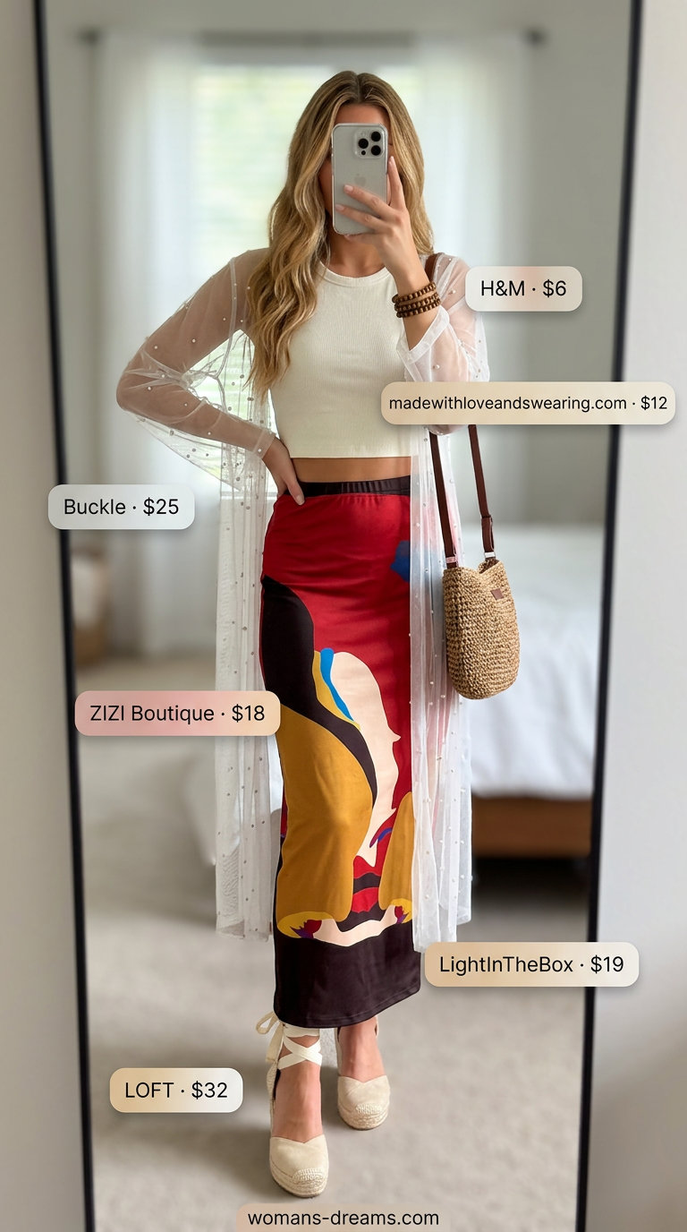 Boho chic summer outfit with abstract print maxi skirt, sheer duster, white tank, espadrilles, and straw bag.