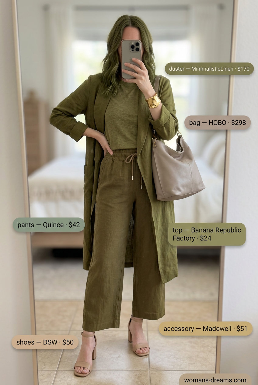 Monochromatic olive green linen outfit with longline duster, wide-leg pants, knit top, and leather sandals for summer.