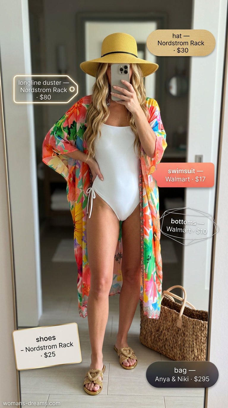 Poolside glam summer longline duster outfit with vibrant floral duster, white swimsuit, straw hat, and embellished sandals.