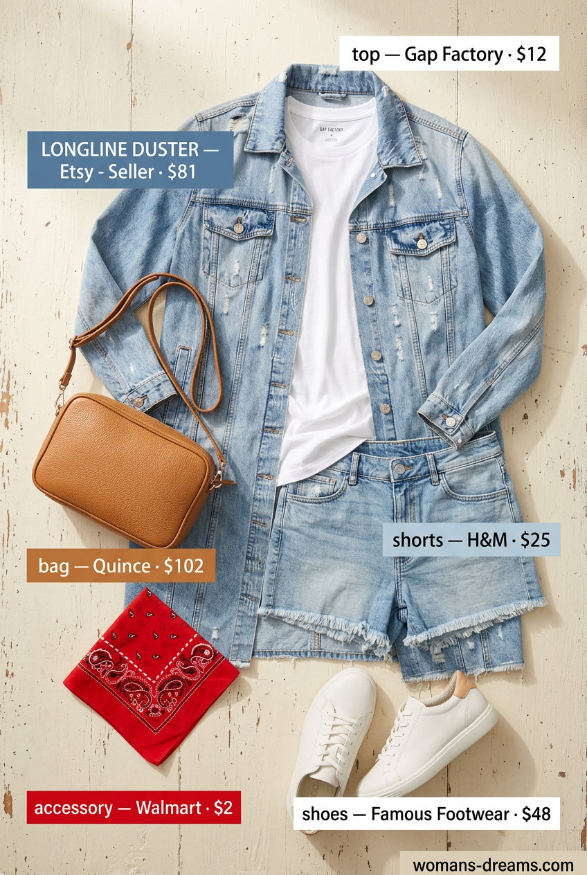 Retro denim longline duster outfit with white tee, denim shorts, bandana, and sneakers for casual weekend fun.