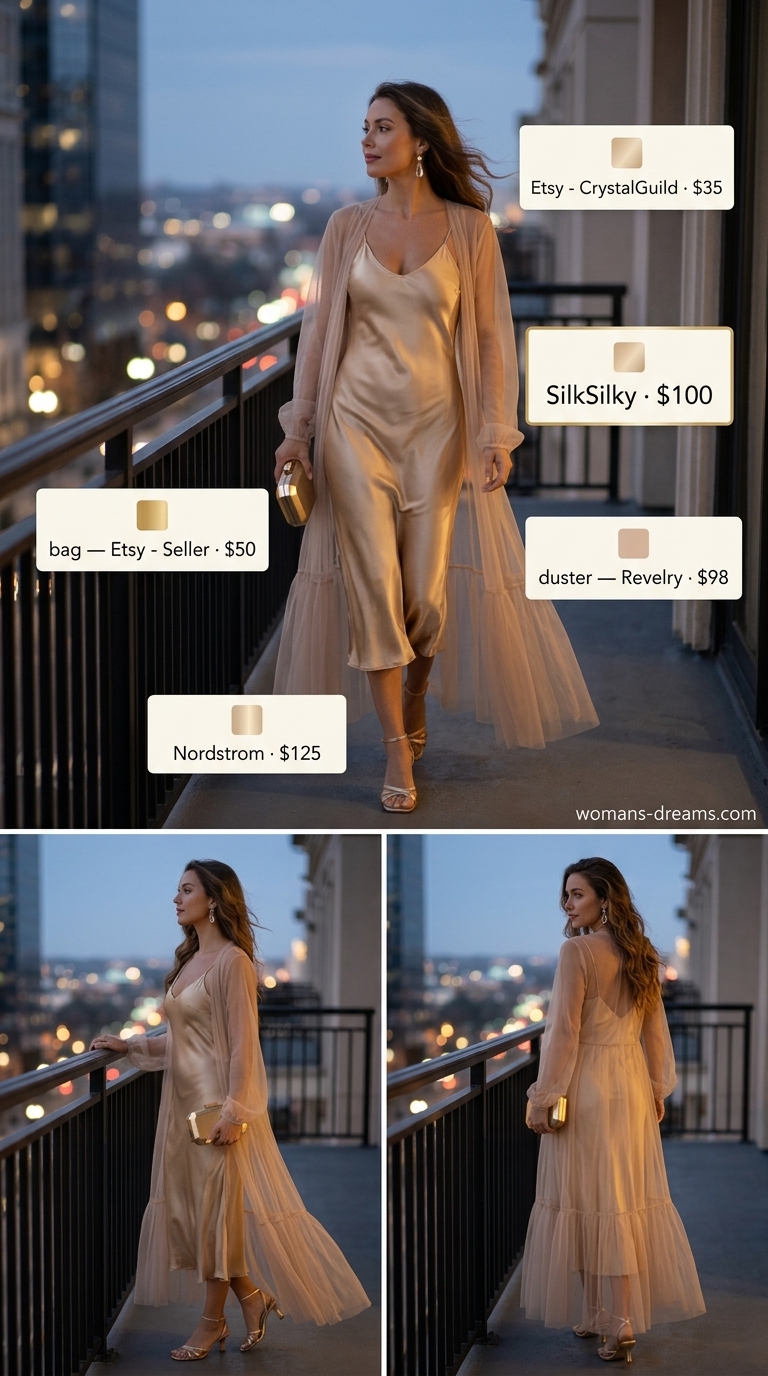 Summer longline duster outfits for women 2026: Champagne slip dress with sheer duster for date nights.