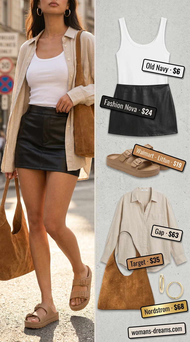 Summer Micro Mini Skirt Outfits for Women 2026: Black faux leather mini skirt, tank top, linen shirt, platform sandals for city exploration.