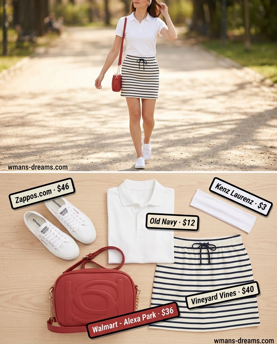 Summer Micro Mini Skirt Outfits for Women 2026: Navy stripe mini skirt, polo shirt, canvas sneakers for a preppy picnic look.