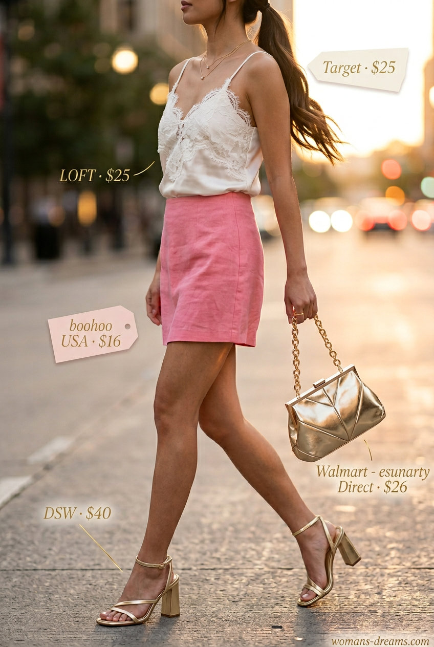 Summer Micro Mini Skirt Outfits for Women 2026: Blush pink linen mini skirt, satin camisole, block heels for a romantic evening.