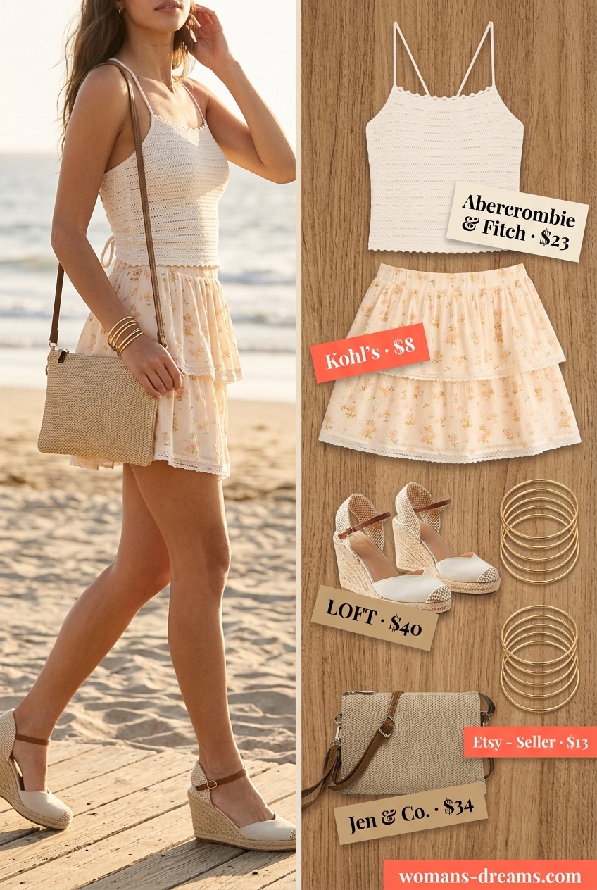 Summer Micro Mini Skirt Outfits for Women 2026: Floral mini skirt, crochet top, espadrilles for a bohemian beach vibe.