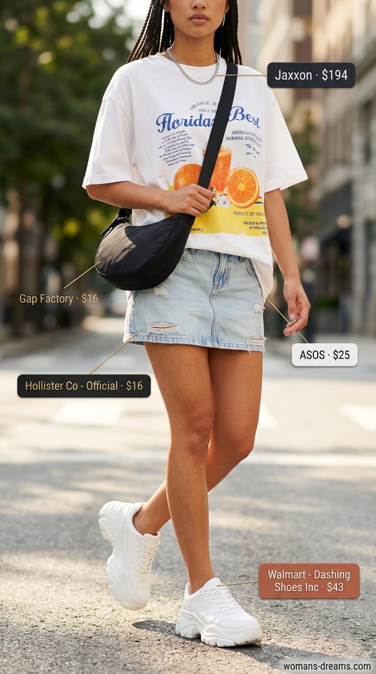 Summer Micro Mini Skirt Outfits for Women 2026: Denim mini skirt, graphic tee, chunky sneakers for a cool streetwear vibe.