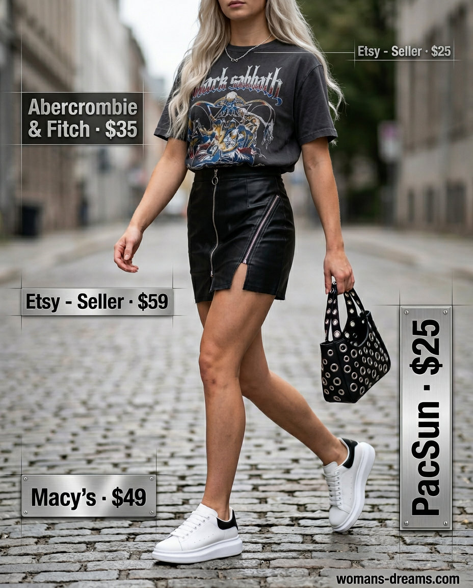 Summer Micro Mini Skirt Outfits for Women 2026: Black faux leather mini skirt, band tee, chunky sneakers for an edgy urban look.