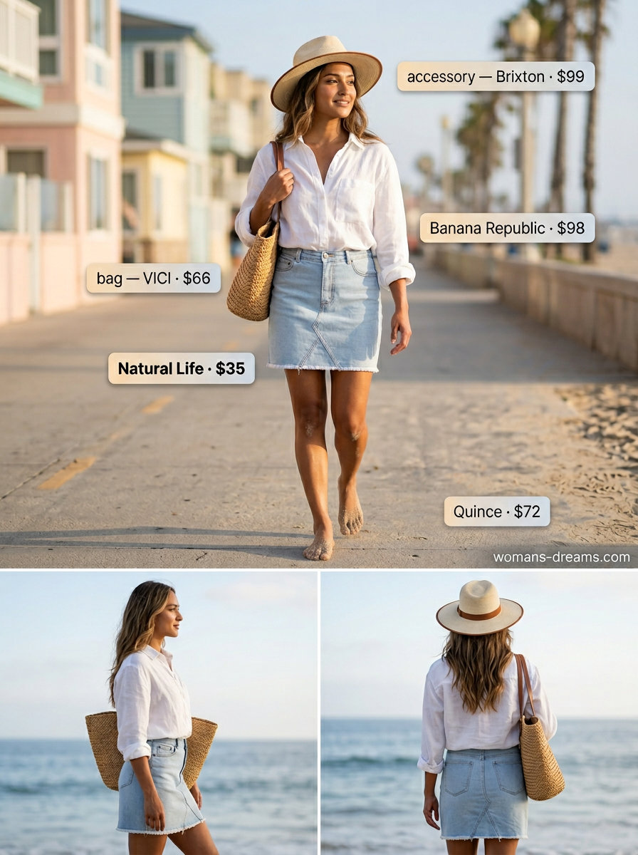 Light wash denim mini skirt with white linen shirt for Summer Micro Mini Skirt Outfits for Women 2026.