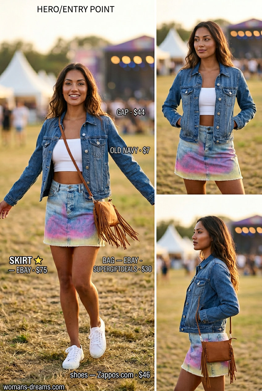 Festival Ready Summer Micro Mini Skirt Outfit: Tie-dye denim skirt, white bandeau top, denim jacket, and sneakers.