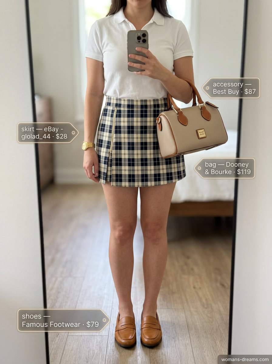 Navy plaid mini skirt with white polo for Summer Micro Mini Skirt Outfits for Women 2026.