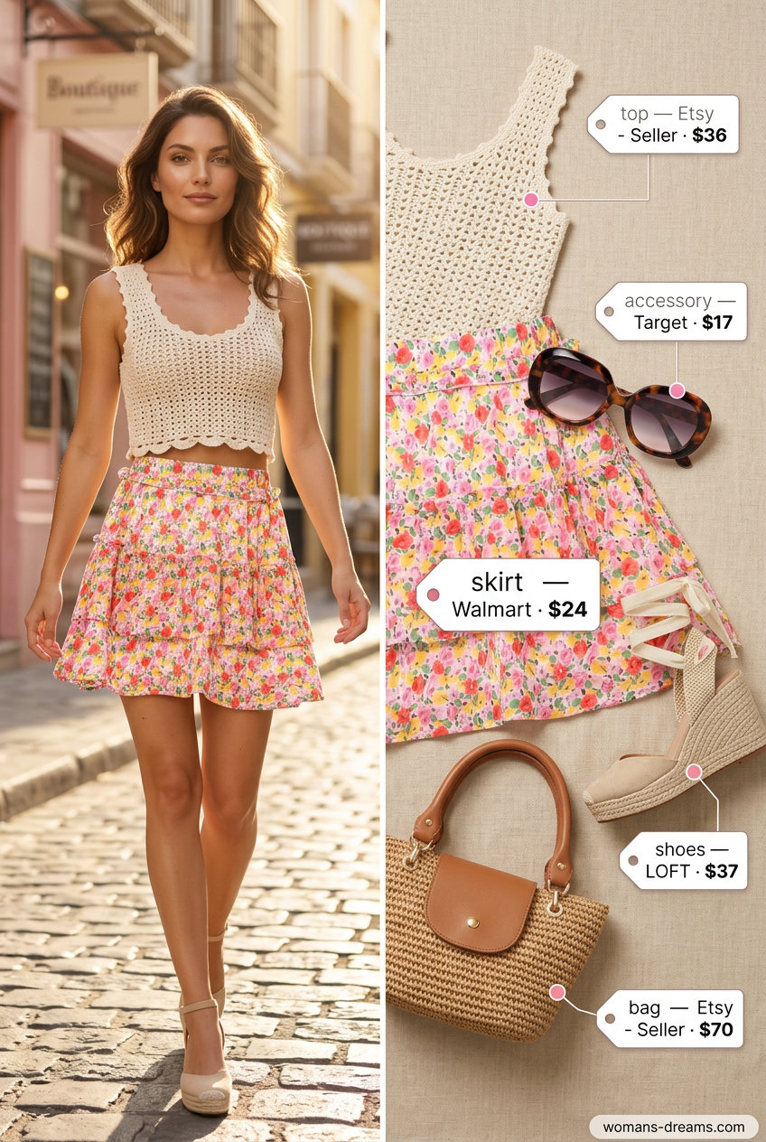 Multicolor floral mini skirt with white crochet top for Summer Micro Mini Skirt Outfits for Women 2026.