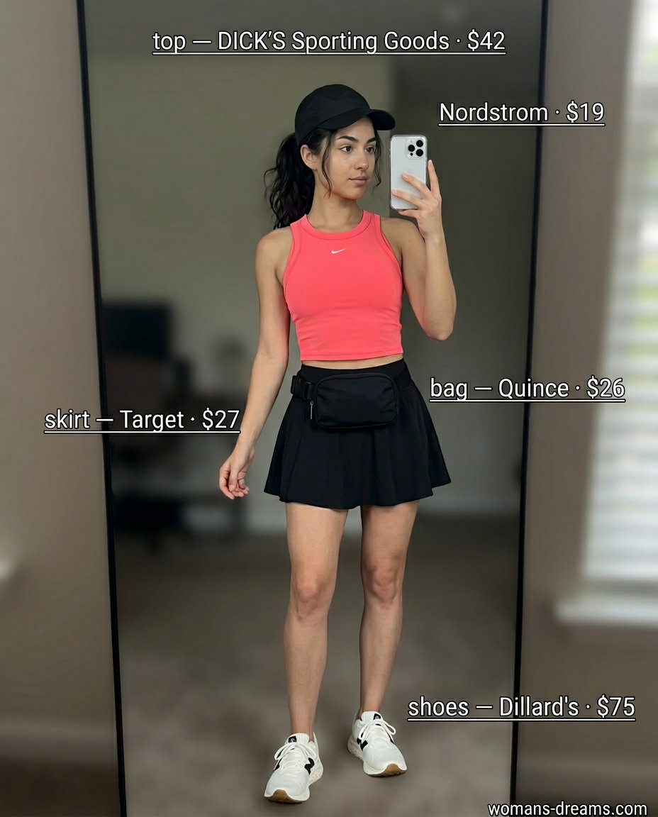 Coral athletic tank top with black A-line mini skirt for Summer Micro Mini Skirt Outfits for Women 2026.