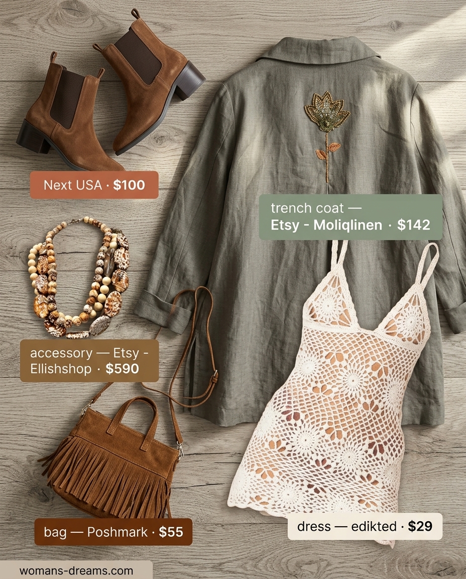 Bohemian Summer Mini Trench Coat Outfits for Women 2026: Embroidered trench, crochet dress, suede boots, layered necklaces.