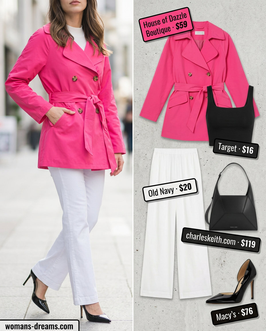 Bold statement outfit 2026: hot pink mini trench coat, wide-leg trousers, and stiletto heels.