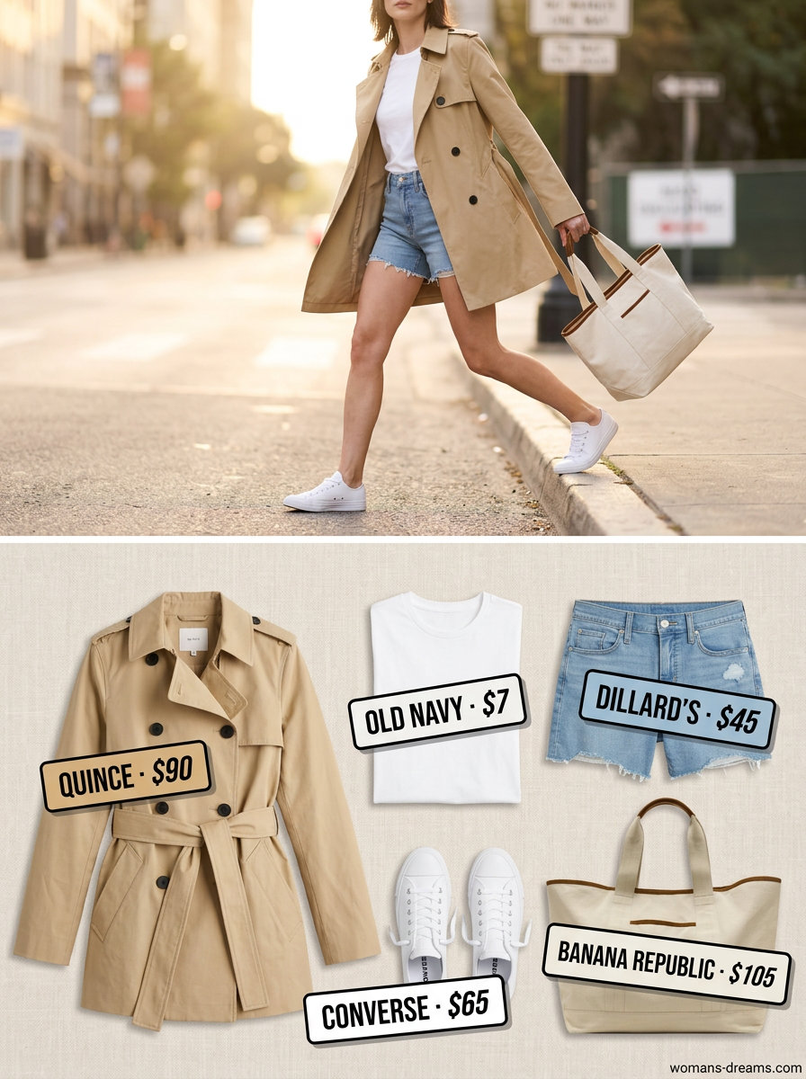 Khaki mini trench coat outfit 2026: denim shorts, t-shirt, sneakers, and canvas tote bag.